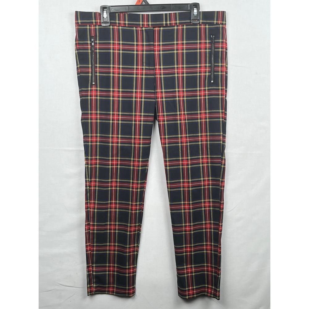 Joe Fresh Plaid Trousers Womens Size 8 Slim Zipper Pocket Black Red Yellow